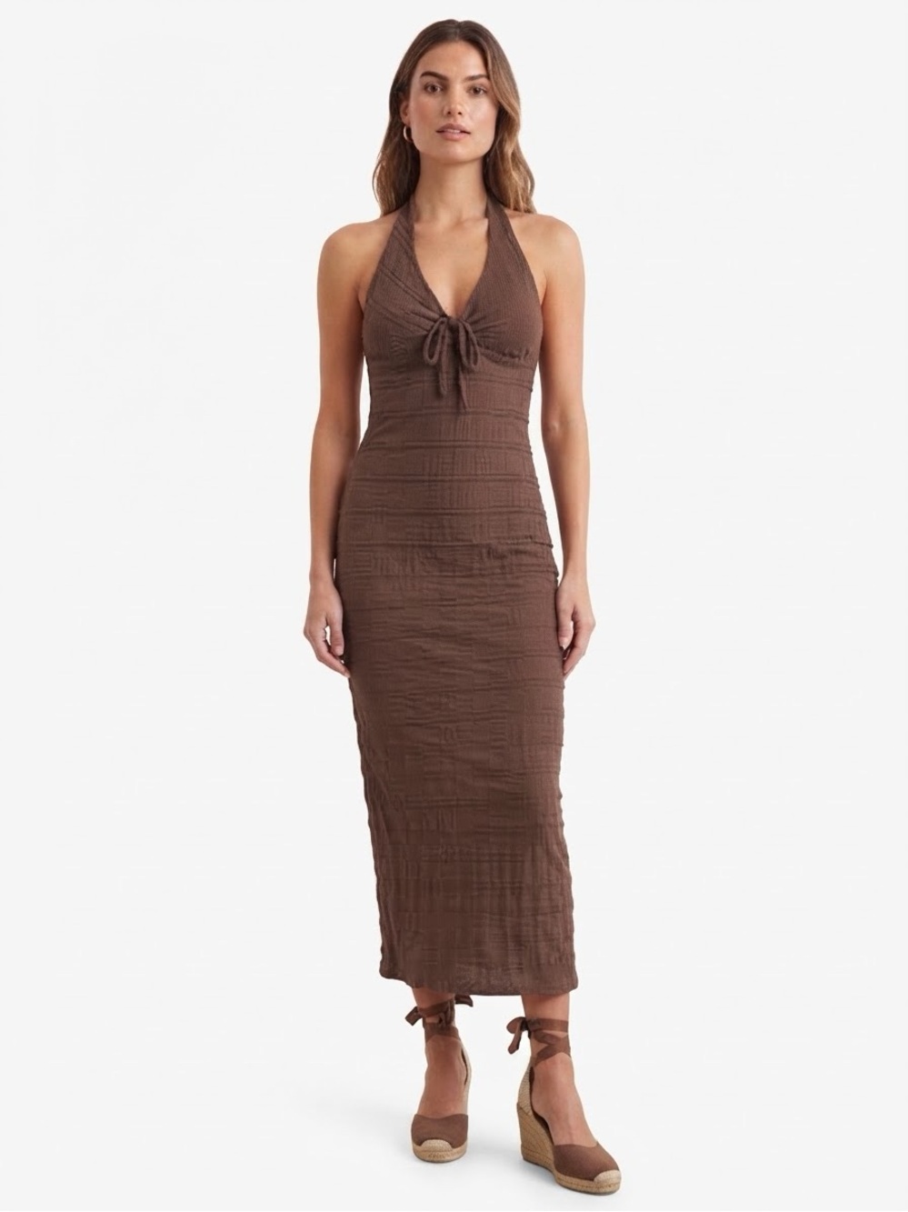 no comment Brown Halter Midi Dress with Tie Front